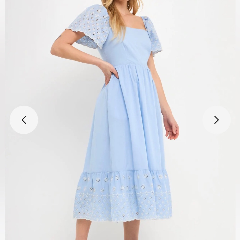 English Factory Embroidered Midi Dress with Scallop Hem
